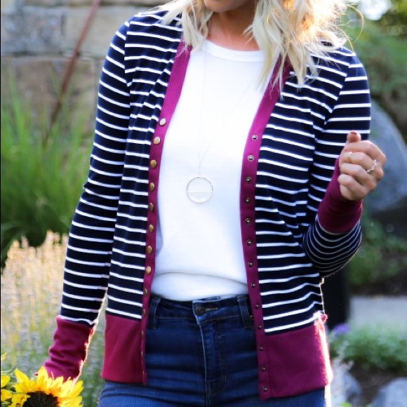 Sweaters - Navy & Plum Stripe Snap Button Cardigan